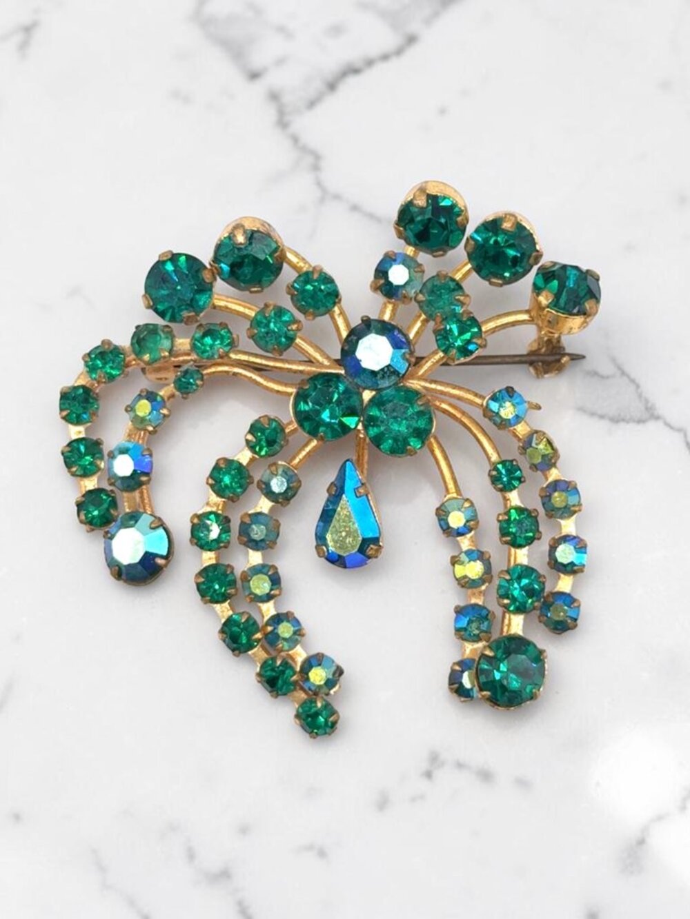 Vintage Gold-Tone Made in Austria Green Stone Brooch